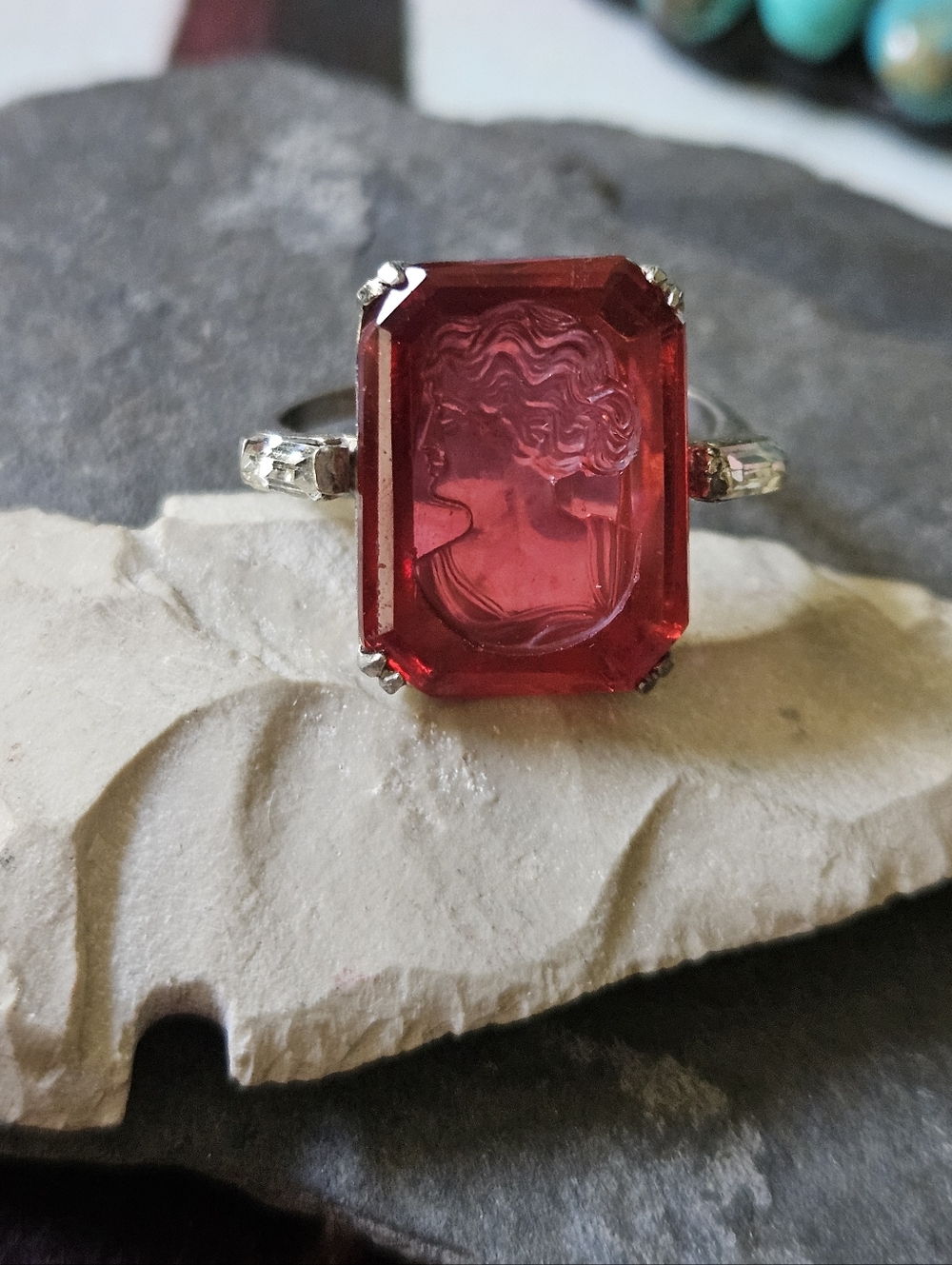Red Glass Intaglio Cameo Sterling Silver Ring